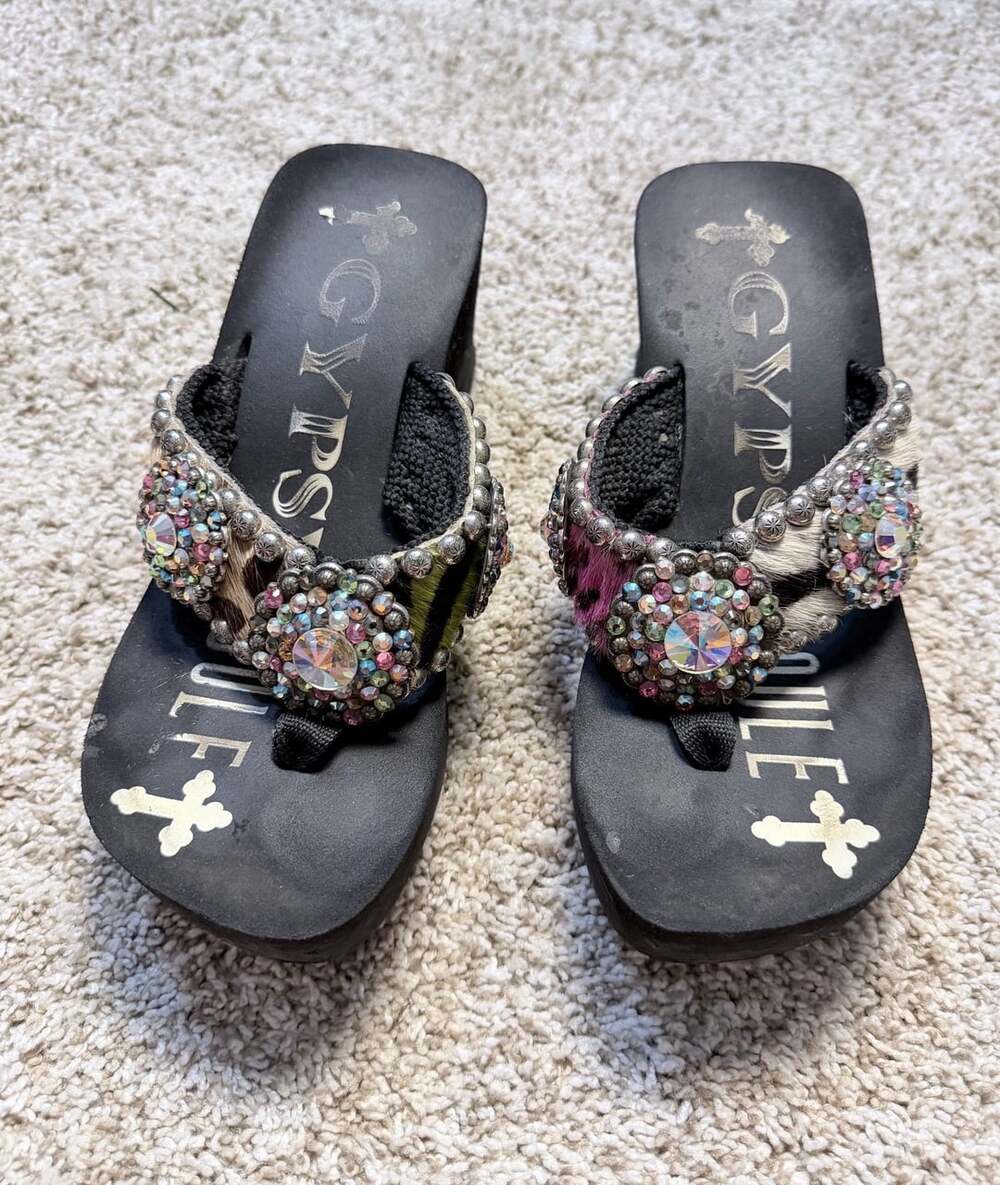 Gypsy Soule Jeweled Wedge Flip Flops Black